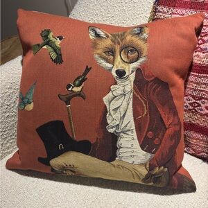 Embroidered Fox and Birds Throw Pillow